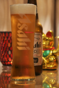 Asahi Super Dry bottle inside Asahi glass glass